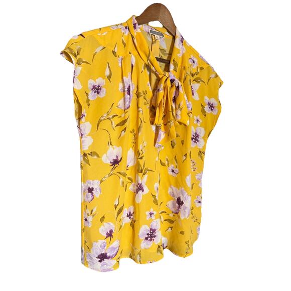 PLEIONE Yellow Floral Print Blouse V‎ neck Tie Size S  Cap Sleeve Polyester - Picture 1 of 4
